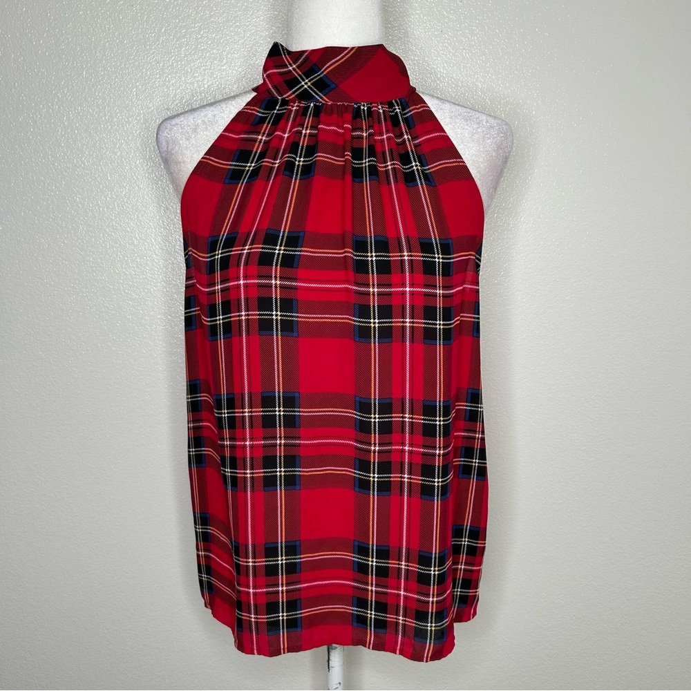 J Crew Womens Red Sleeveless Plaid High Neck Tie Back Top Blouse Size 2 EUC